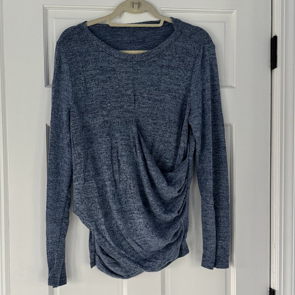 Emery Rose Blue Marled Wrap Front Top Asymmetrical Hem Ruched Long Sleeve Size M